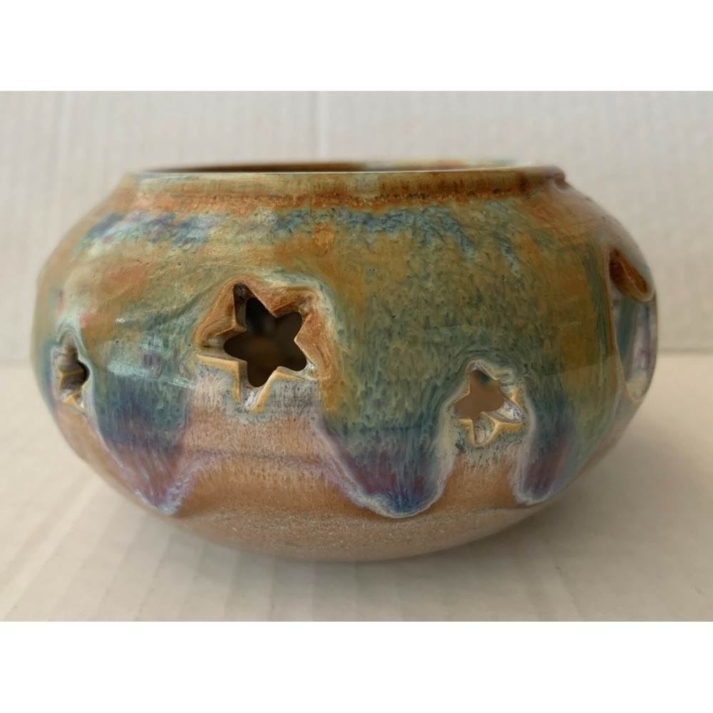 Rodriguez Signed Art Pottery Votive Pot Drip Glaze Star Crescent Moon Blue Brown